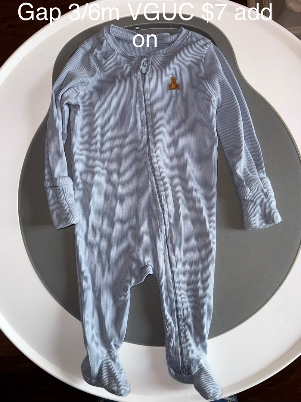 GAP Light Blue Ribbed Footed One-Piece, Bear Appliqué